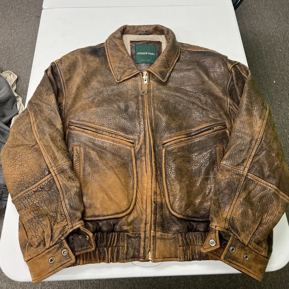 Andrew Marc Leather Bomber Jacket Mens Large Brown Distressed Vintage Zip Up